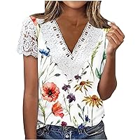 Sexy Tops for Women Fashion Summer Floral Printed T Shirt Lace Crochet Short Sleeves T-Shirt V Neck Tunic Top Blouses
