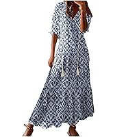 Womens 3/4 Sleeve Casual Boho A-Line Dress Frill Trim V Neck Maxi Dress Plus Size Fashion High Waist Beach Dresses