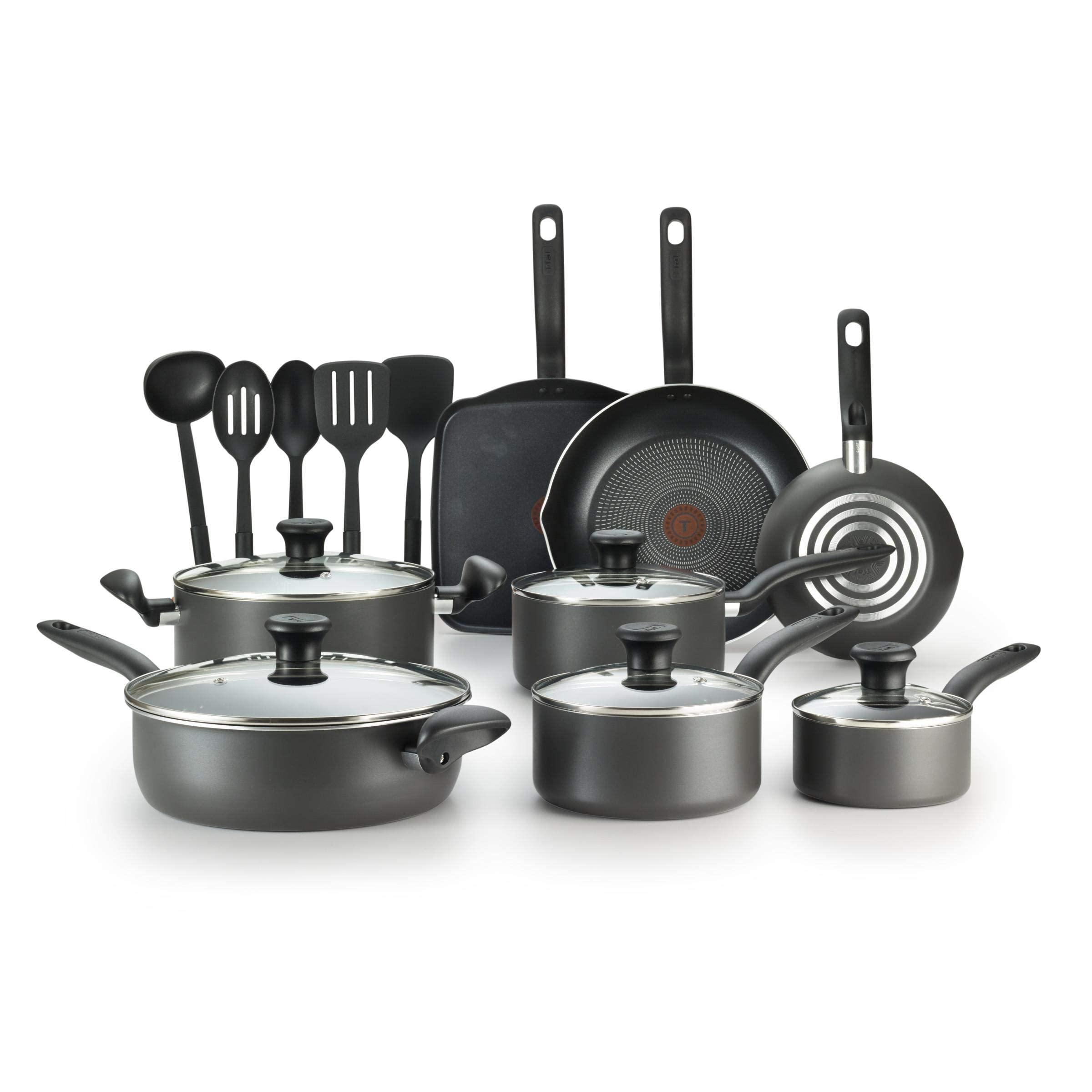 T-fal Initiatives Nonstick Cookware Set 18 Piece Pots and Pans, Dishwasher Safe Black