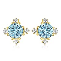 14K Real Gold Blue Topaz Stud Earrings for Women Girls,Yellow Gold Topaz Post Studs Gemstone Cubic Zirconia Piercing Jewelry Gifts for Birthday Christmas