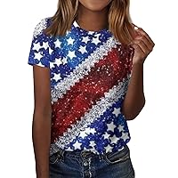 USA Shirts for Women,Patriotic Shirts for Women Round Neck Star Graphic American Flag T Shirt Independence Day USA Basic Short Sleeve Tops Womens Tops Dressy Casual