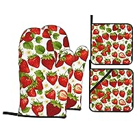 Strawberry Print Oven Mitts and Pot Holders Sets 4piece Set Gloves Baking Cooking Grilling Microwave