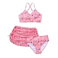 Girls' 3 Piece Set Floral Print Bikini Swimsuit with Drawstring Beach Skirt Cute Ruched Bathing Suit