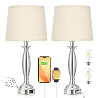 Beige Lamps for Bedrooms Set of 2 - Touch Control Bedside Lamp with USB C+A, 3 Way Dimmable Nightstand Lamps with USB Port, Table Lamp for Living Room(Beige Shade and Nickel Base)