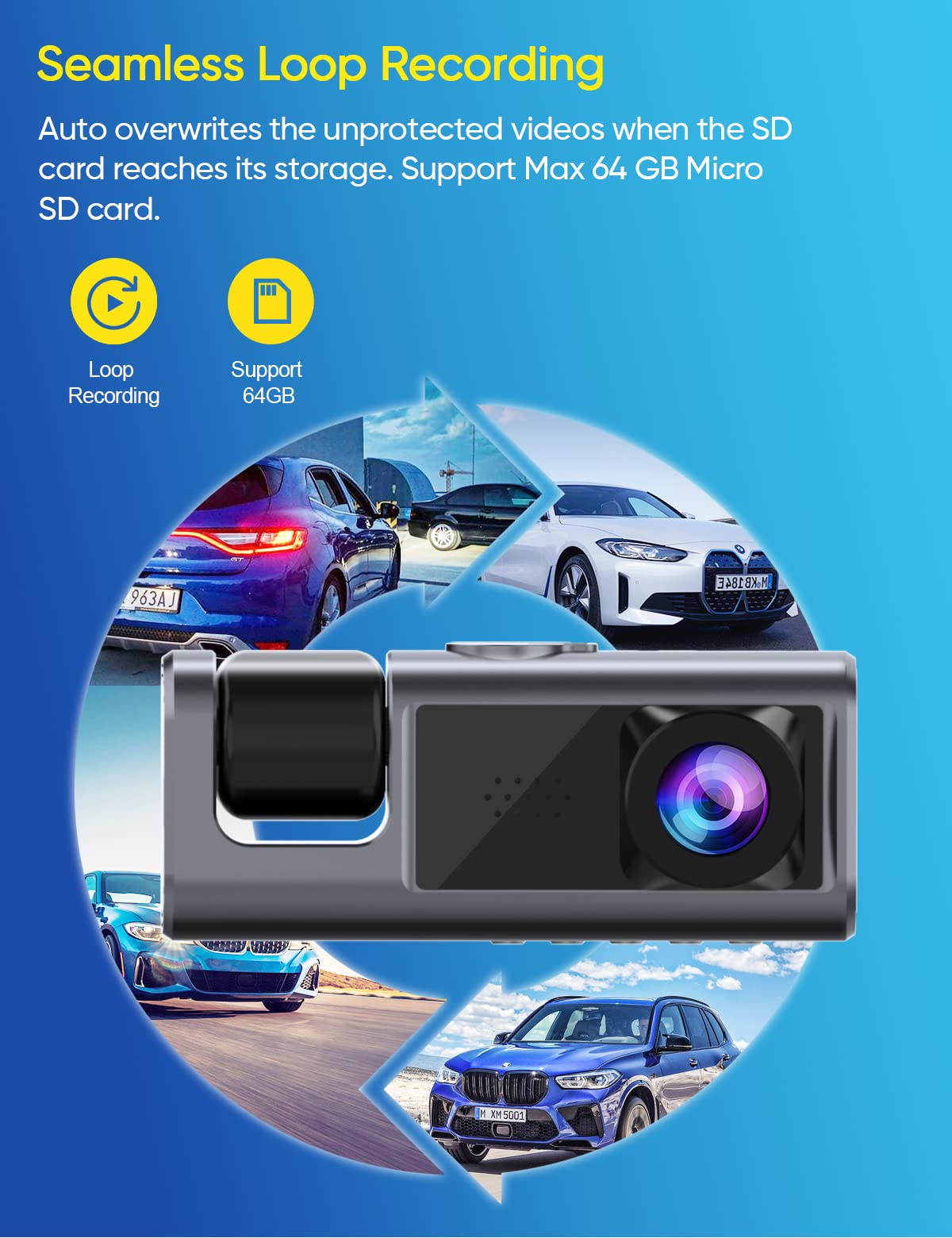 3 Channel Dash Cam Front and Rear Inside, 1080P Dash Camera for Cars, Dashcam Three Way Triple Car Camera with IR Night Vision, Loop Recording, G-Sensor, Parking Monitor, 24 Hours Recording