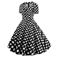 Women Classic Polka Dots Cocktail Dresses Short Sleeve Square Neck 1950s Audrey Hepburn Dress Party Prom Swing Dress