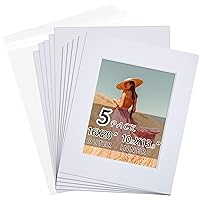 Falling in Art 5 Pack Acid Free 16x20'' White Picture Mats Board Show Kit for 11x14'' Pictures, 4-Ply Beveled Pre-Cut Photo Boards with Backing Board and Plastic Clear Bags