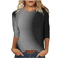 Womens Summer Tops 2024 Trendy 3/4 Length Sleeve Casual Blouses Crewneck 3D Printed Cute Tops Loose Fit Pullover Tunics
