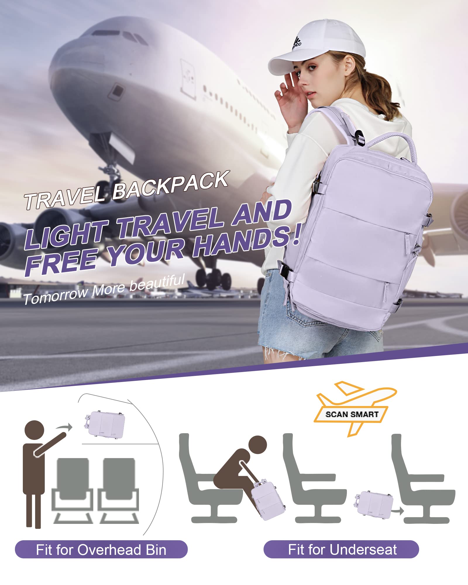 UPPACK Travel Backpack For Women Men Carry On Backpack Flight Approved Gym Bag With Shoe Compartment Hiking Waterproof Laptop Backpack College Essentials Purple…