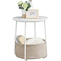 VASAGLE Small Round Side End Table, Modern Nightstand with Fabric Basket, Bedside Table for Living Room Bedroom, Classic White and Sand Beige LET223W10