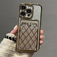 Fashion Glitter Transparent Diamond Lattice Wallet Card Holder Phone Case for iPhone 15 13 14 Pro Max Soft Silicone Cover,Gold,for iPhone 13