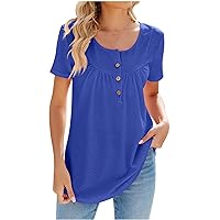 Ladies Eyelet Casual Tops 2024 Summer Short Sleeve Shirts Women's Soft Button Henley Shirt Loose Fitting Blouses