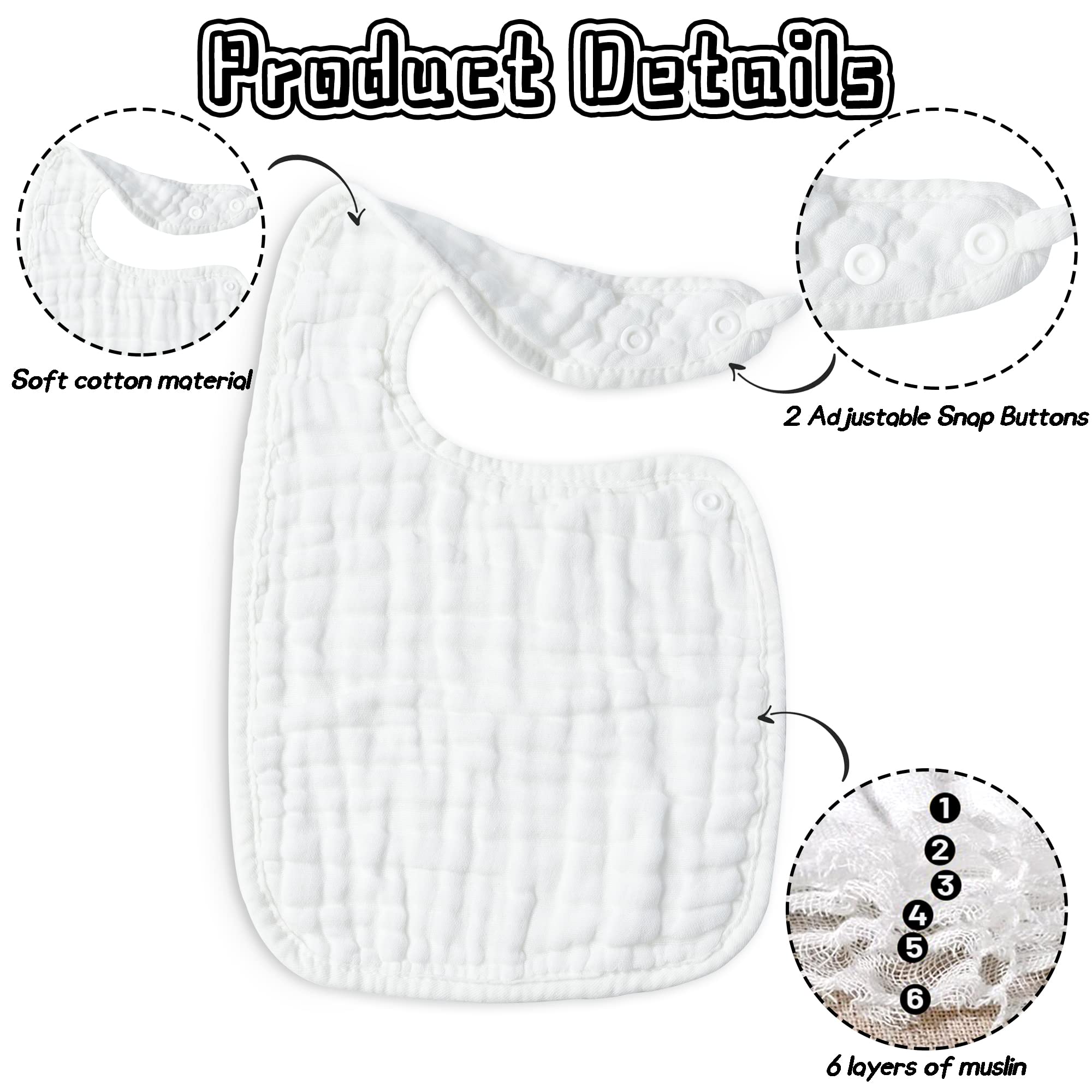 BUoonyer 10pcs Snap Muslin Cotton Bibs, Baby Bandana Drool Bibs, Adjustable Soft Absorbent Cotton Scarf