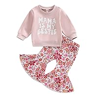 Lesimsam Toddler Baby Girl Clothes Mama Is My Bestie Crewneck Sweatshirt Top Floral Flare Pants Set 2Pcs Fall Winter Outfit
