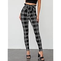 Women's Pants Pants for Women Paperbag Waist Belted Plaid Pants (Size : Small)