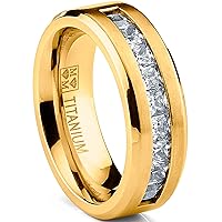 Metal Masters Co. Titanium Men's Wedding Band Engagement Ring with 9 large Princess-Cut Cubic Zirconia Goldtone