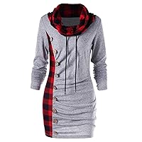 SNKSDGM Women Casual Long Hoodie Pullover Long Sleeve Cowl Neck Plaid Button Blouse Bodycon Tunic Tops Drawstring Sweatshirts