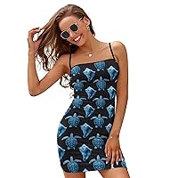 Blue Sea Turtles Conch Shell Mini Dresses for Women Adjustable Strap Sexy Cross Tie Backless Sundress