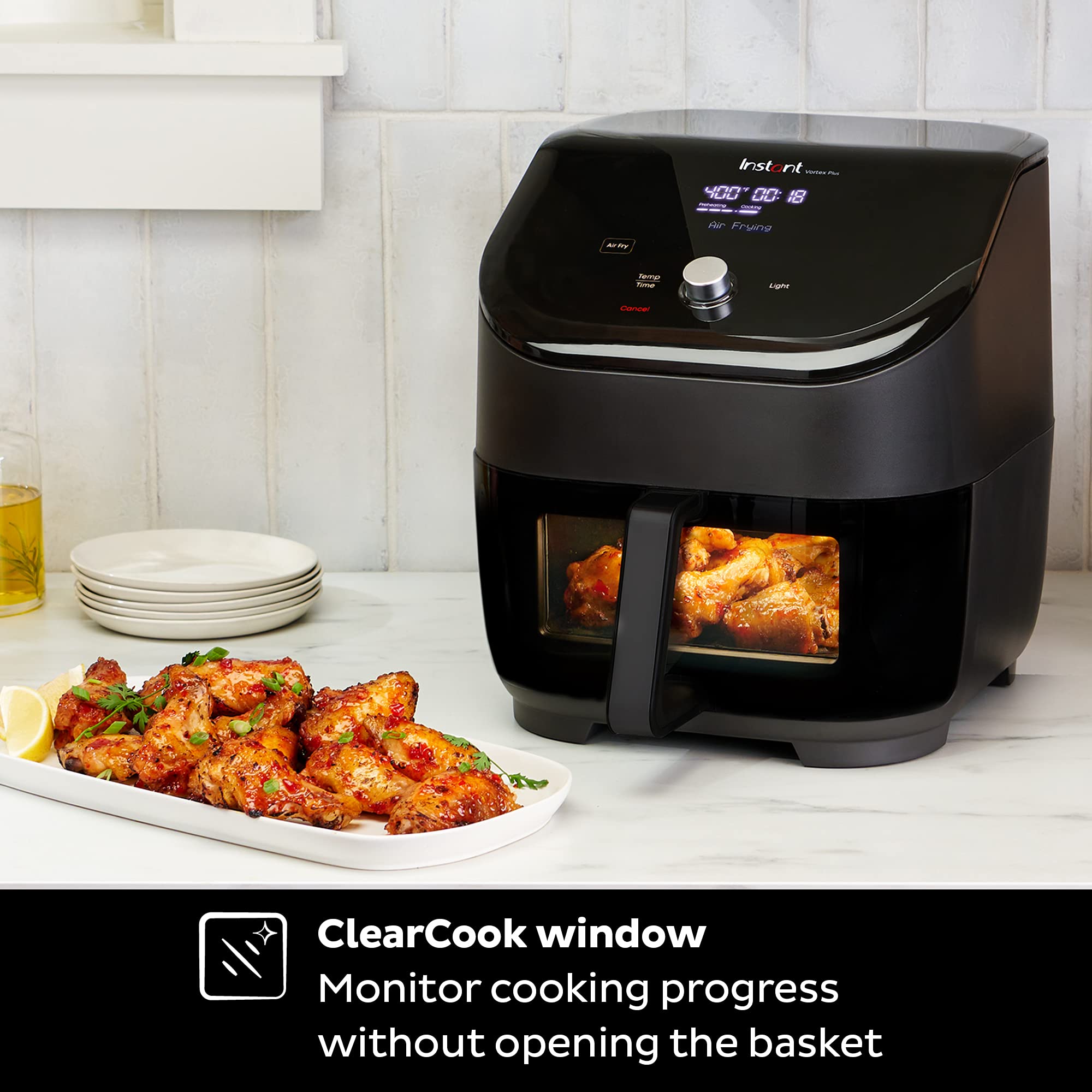 Instant Vortex Plus 6-Quart Air Fryer Oven, Quiet Cooking, From the Makers of Instant Pot with ClearCook Cooking Window, Digital Touchscreen, App with over 100 Recipes, Single Basket, Black