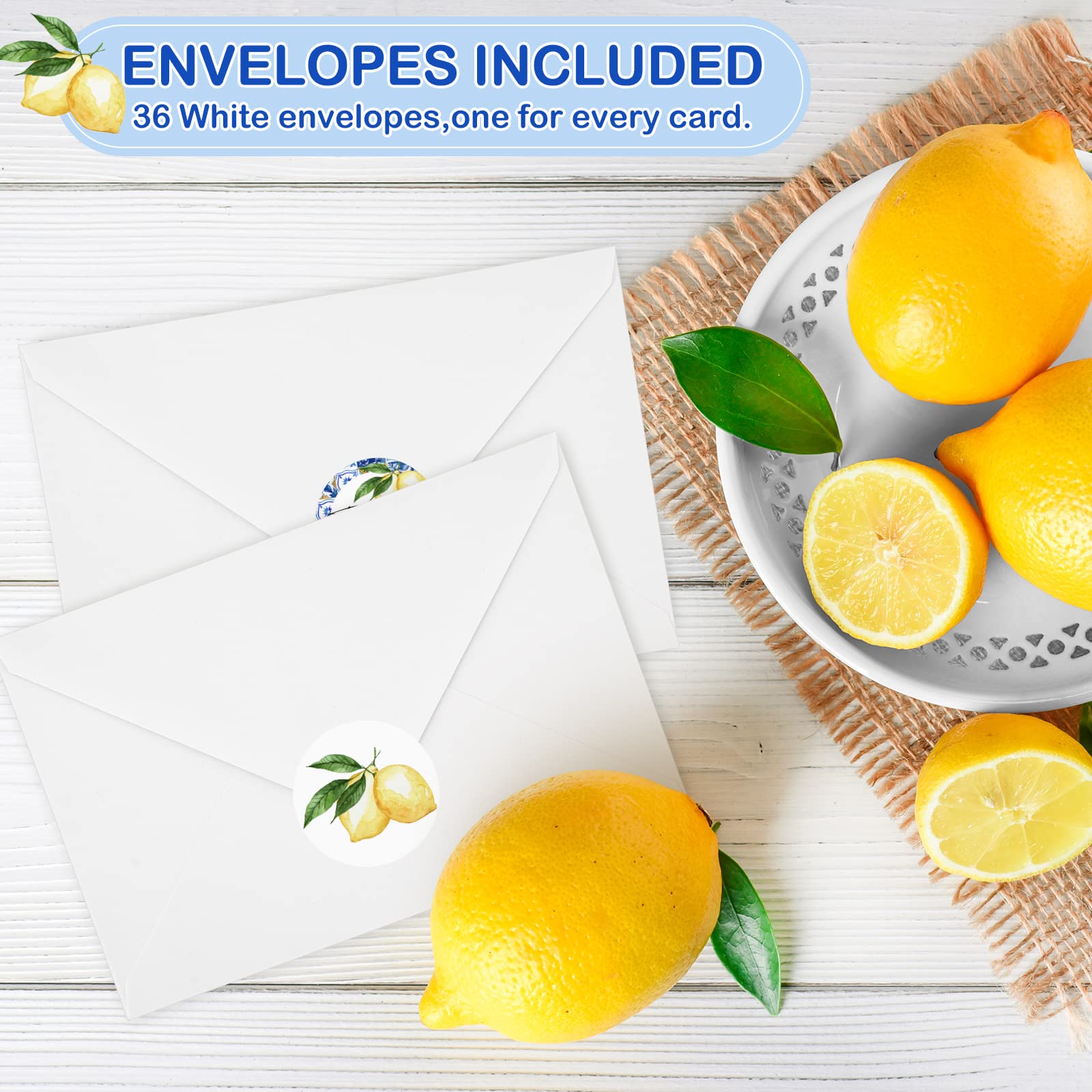 AnyDesign 36 Pack Lemon Thank You Cards Bulk Vintage Blue Tiles Lemon Thank You Note Cards with Stickers Envelopes Watercolor Greeting Cards for Baby Shower Wedding Birthday Party and All Occasion