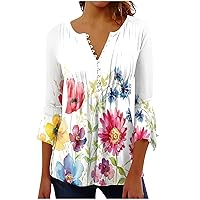 Women's Fashion Casual Loose T-Shirt Tops Floral Printed Pleats V Neck Shirts Short Sleeve Flowy Hem Blouse Tees