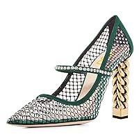 FSJ Women Rhinestone Mesh Pointed Toe Gold Chunky Chain High Heel Pumps Slip On Stud Crystal Single Band Elegant Ladies Party Evening Shoes Size 4-15 US