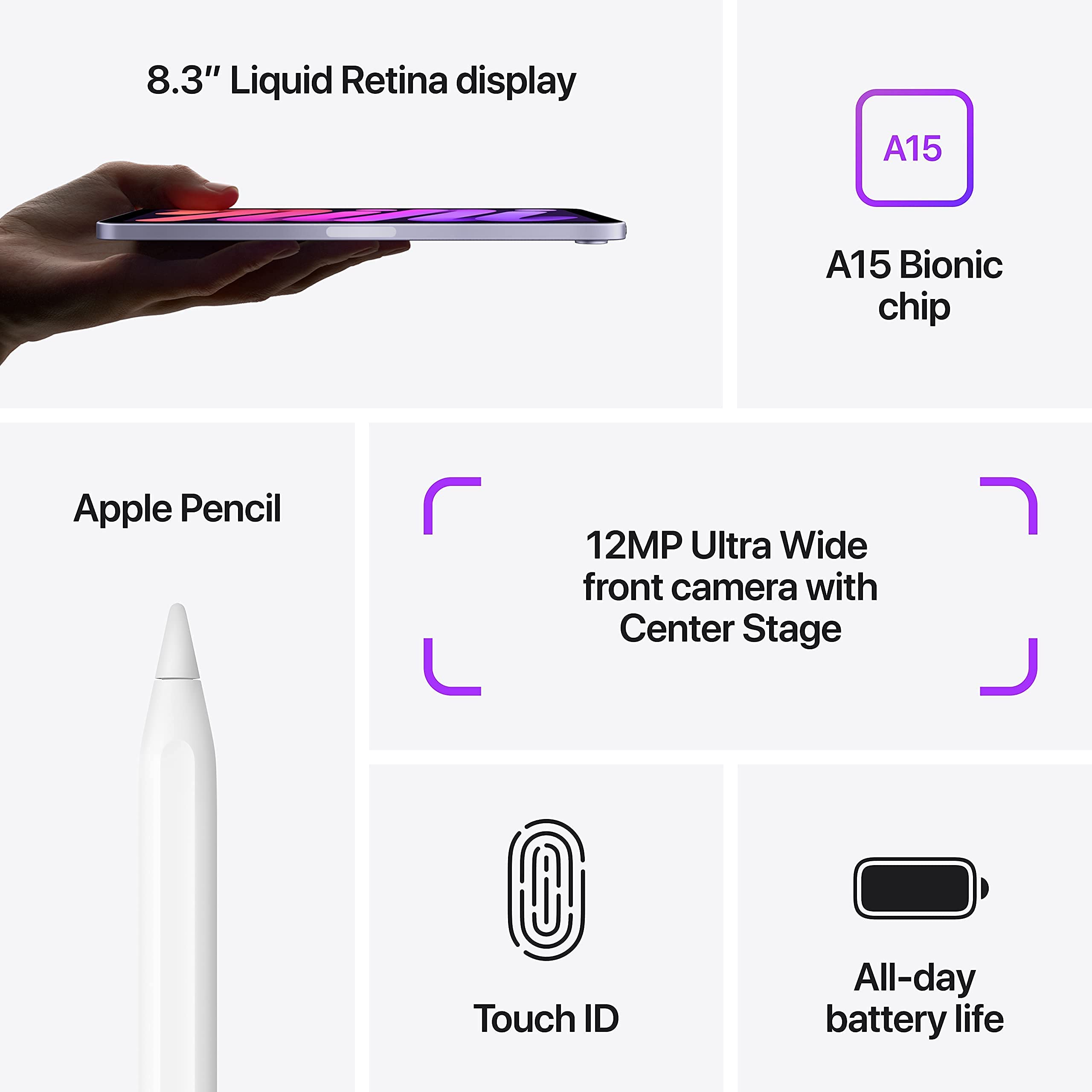 2021 Apple iPad Mini 6 (8.3 inch, Wi-Fi + Cellular, 256GB) Purple (Renewed)