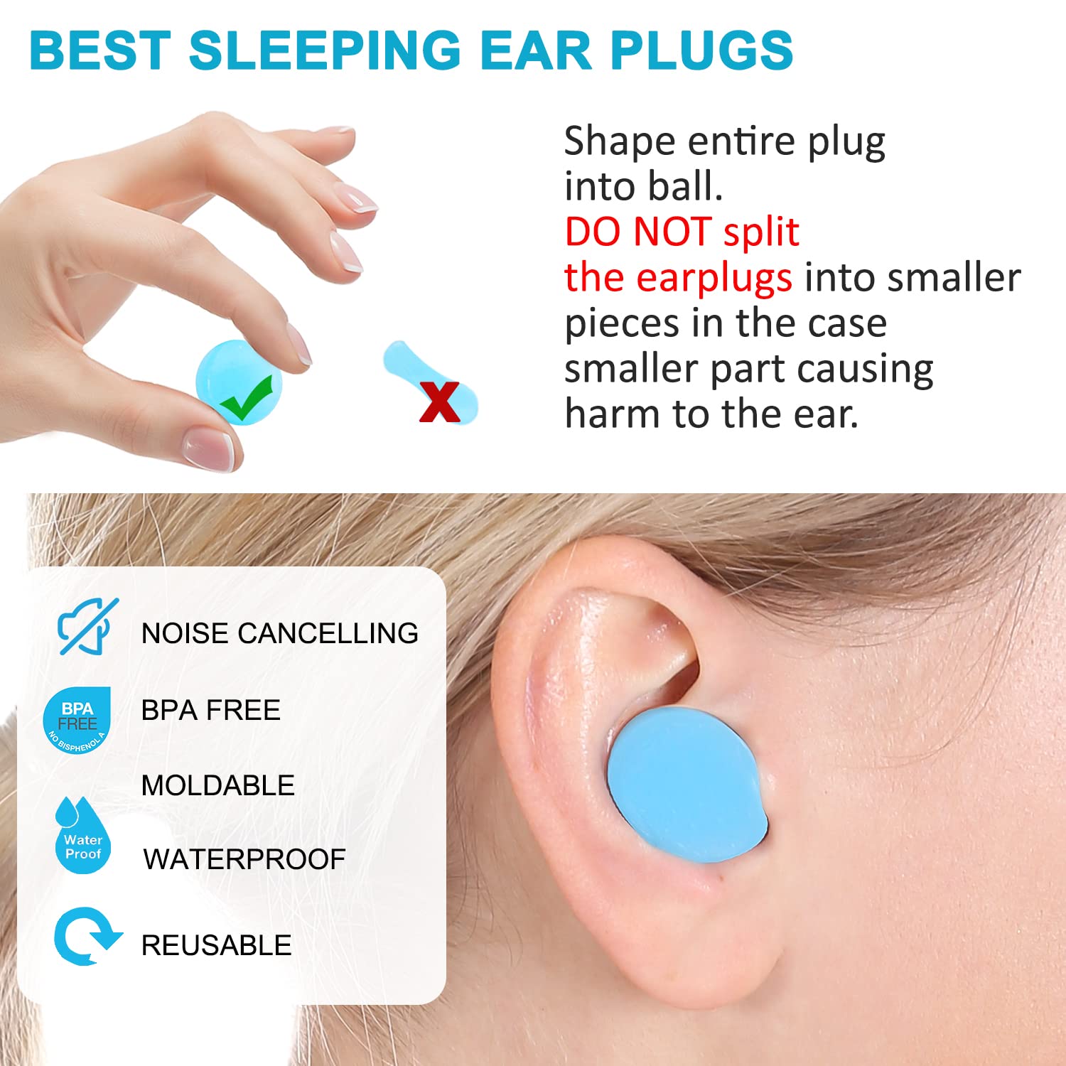Reusable Silicone Ear Plugs, Waterproof Noise Cancelling EarPlugs for Sleeping, Mowing, Swimming, Airplanes, Concerts, 22dB Highest NRR