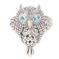 NOVICA Artisan Handmade 18k Gold Accented Blue Topaz Cocktail Ring .925 Sterling Silver Indonesia Animal Themed Birthstone Gemstone Owlbird 'Brilliant Owl'