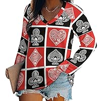 Playing Poker Card Women's Long Sleeve Shirts Athletic Workout T-Shirts V Neck Sweatshirts Casual Tops