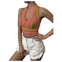 SHENHE Women's Striped Halter Tie Back Sleeveless Backless Knitted Crop Top