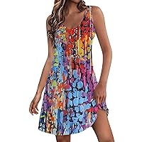 Womens Spring Dresses Casual Sleeveless Dress Printed V Neck Dresses Beach Summer Sundress Boho Dresses with Pockets