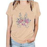 Easter Tops for Women Trendy 2024 Summer Round Neck Funny Bunny Print T-Shirt Short Sleeve Casual Shirt Fashion Tunic Blouse