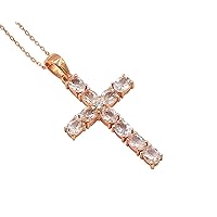 Natural Pink Morganite 5X4 MM Gemstone Holy Cross Pendant Necklace 925 Sterling Silver October Birthstone Morganite Jewelry Proposal Gift For Girlfriend(PD-8323)