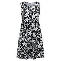 Dresses for Women 2024 Casual, Women Beach Floral Tshirt Printed Sleeveless Pockets Casual Loose Tank Dress Si