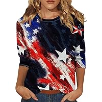 Women Fourth of July Shirt 3/4 Sleeve Summer Tops USA Flag Shirts Retro Print Quarter Length Sleeve Tunic Blouses