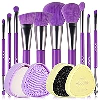 Docolor 11Pcs Neon Purple Makeup Brush Set + Makeup Brushes Cleaner Set,Premium Synthetic Kabuki Foundation Blending Rainbow Make Up Brush Set with Solid Soap Cleanser & Color Removal Sponge