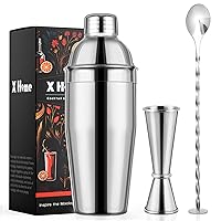 X Home Cocktail Shaker Set, Amateur 3-Piece Bar Tool Set with Easy-to-Measure Jigger, 10-inch Mixing Spoon, 24 Ounce Shaker, Beginner's Choice