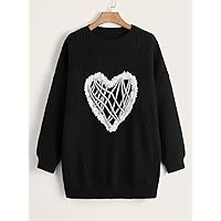 Casual Ladies Comfortable Plus Size Sweater Plus Heart Patched Detail Drop Shoulder Sweater Leisure Perfect Comfortable Eye-catching (Color : Black, Size : X-Large)