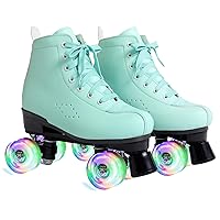 Roller Skates for Women and Men, PU Leather Double Row-Classic Roller Skates for Girls/Boys, 8 LED Light Wheels Roller Boot Quad-Skates for Kids & Adults Outdoor/Indoor