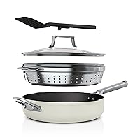 Ninja CW102WH Foodi NeverStick PossiblePan, Premium Set with 4-Quart Capacity Pan, Steamer/Strainer Basket, Glass Lid & Integrated Spatula, Nonstick, Durable & Oven Safe to 500°F, Vanilla Bean