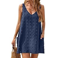 Blooming Jelly Womens Casual Sun Summer Dresses Swiss Polka Dot Beach Cover Up V Neck Tank Dress with Pockets