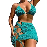 VOLAFA Women's 3 Piece Triangle Bikini Set Textured Ruched Elastic Swimsuit Bathing Suit with Skirt