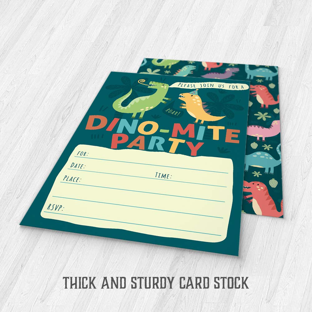 Dinosaur Kids Party Invitation Cards - Lots of Fun with a Pun! 25 Invites with Envelopes for T-Rex Kids Party, Jurassic Birthday or a Dino Themed Baby Shower.