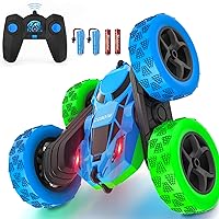 cosone Remote Control Car Toys for Boys - 4WD 2.4Ghz Double Sided 360° Rotating All Terrain RC Cars with Cool Lights, Kids Birthday Gifts for Boys-Blue&Green