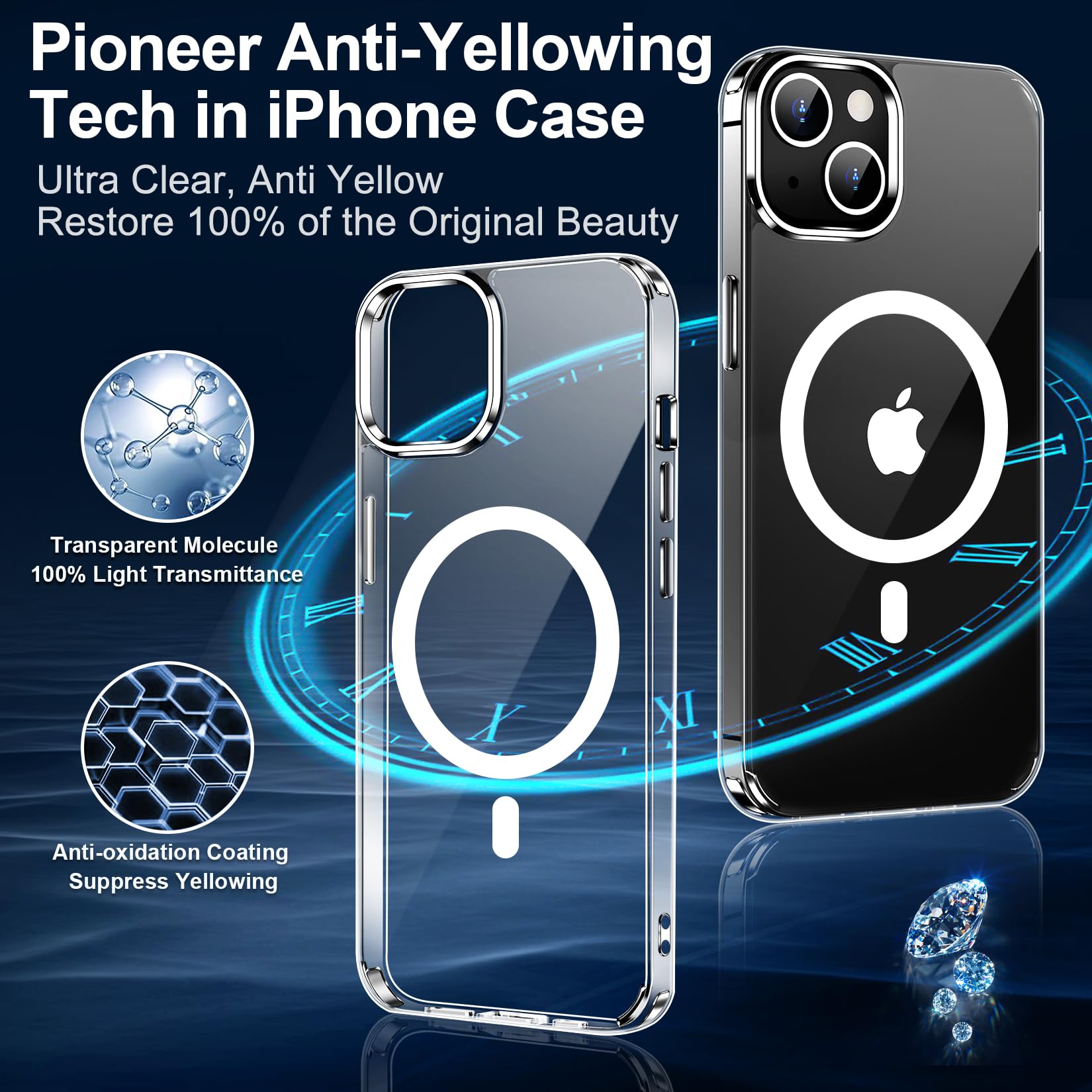 MOZOTER Magnetic for iPhone 15 Case,[Compatible with Magsafe] [2*Glass Screen Protectors] [Military-Grade Drop Protection] [Anti Yellowing] Slim Thin Shockproof Phone Case 6.1 inch-Clear