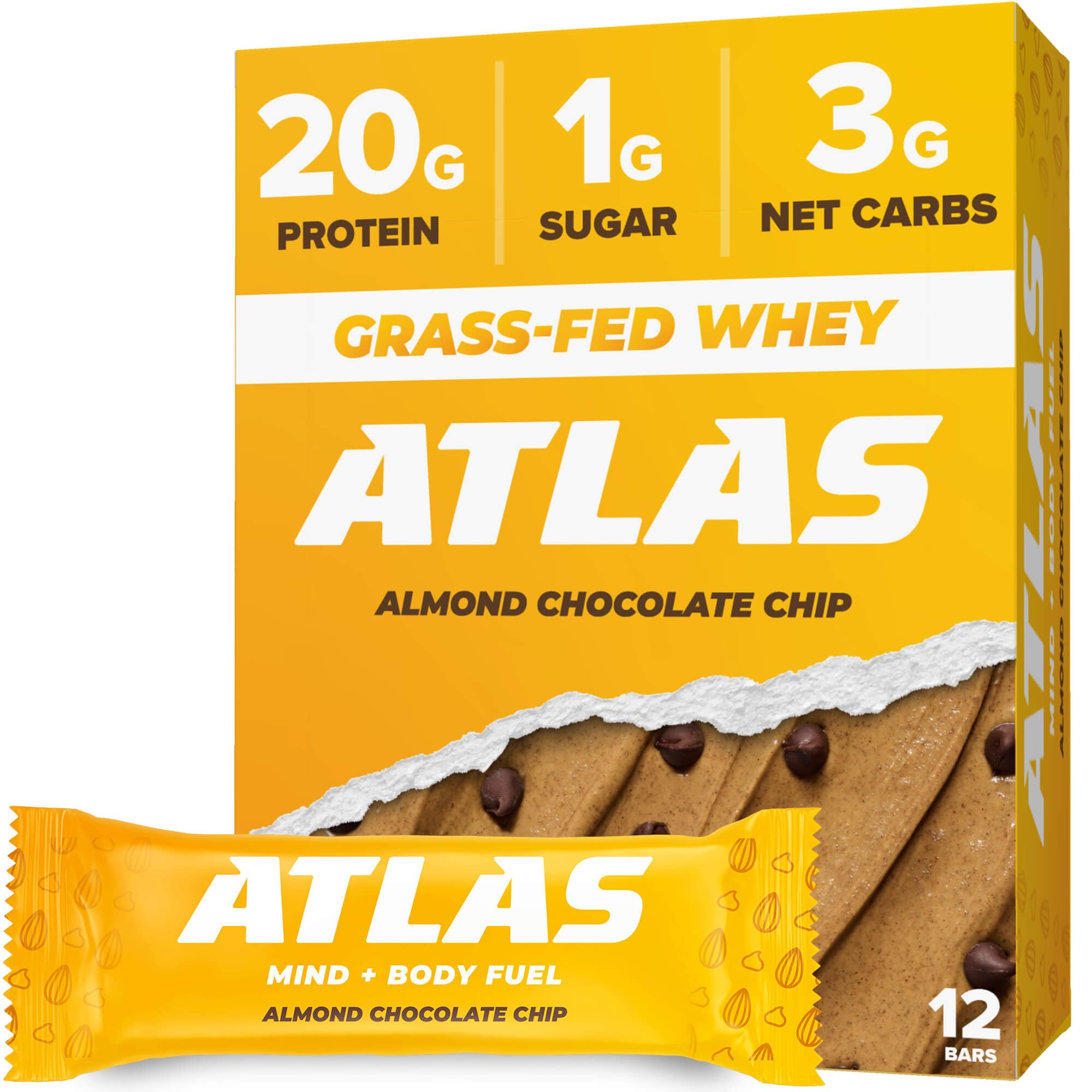 Atlas Protein Bar, 20g Protein, 1g Sugar, Clean Ingredients, Gluten Free, Almond Chocolate Chip (12 Count, Pack of 1)
