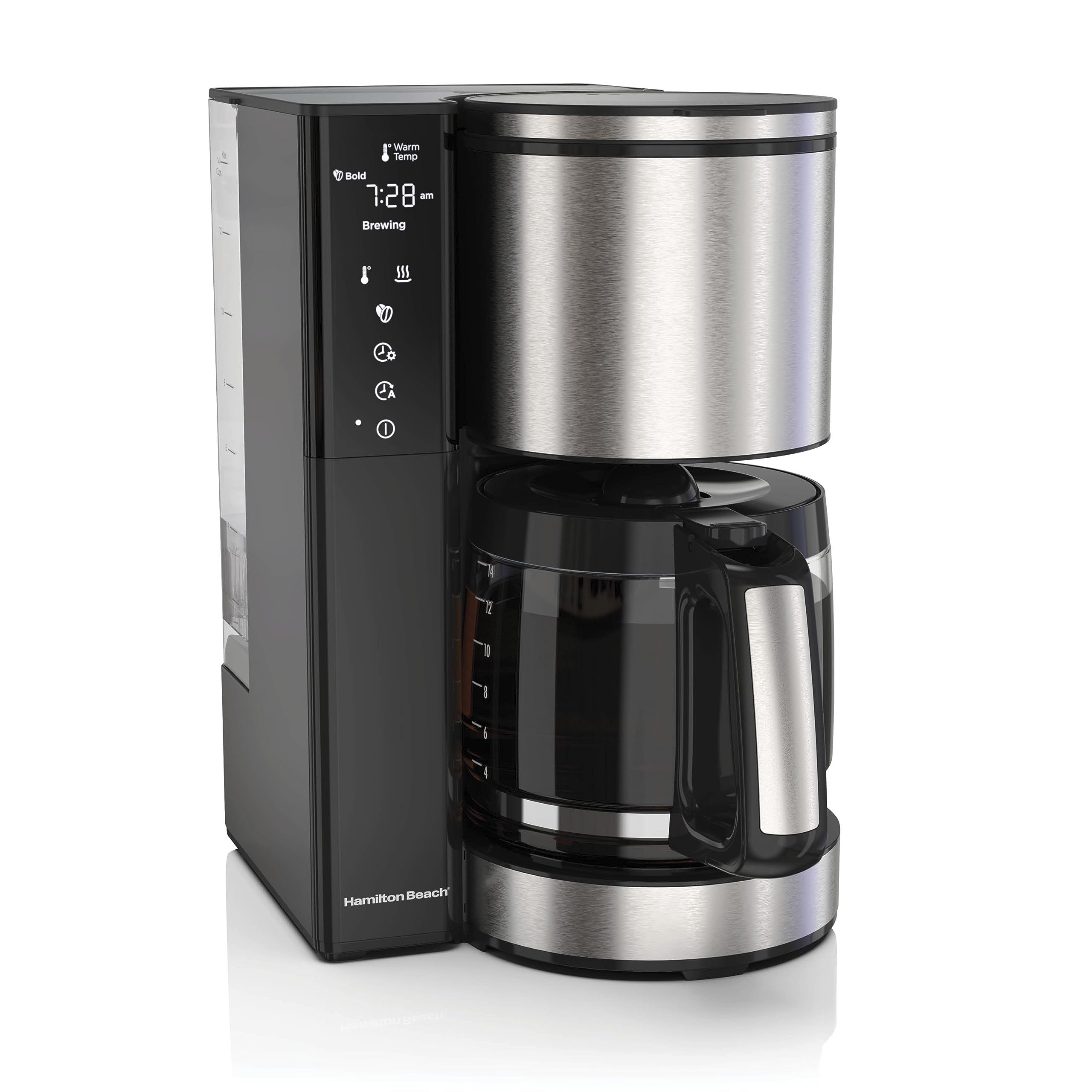 Hamilton Beach 14 Cup Programmable Coffee Maker with Easy Measure Light Up Reusable Filter, Removable 70 Oz. Water Reservoir, Black and Stainless Steel