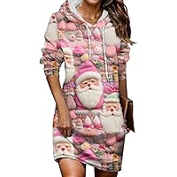 Women's Christmas Dress Trendy Cute Xmas 3D Graphic Embroidery Print Long Sleeve Drawstring Hoodie Sweatshirt Dress