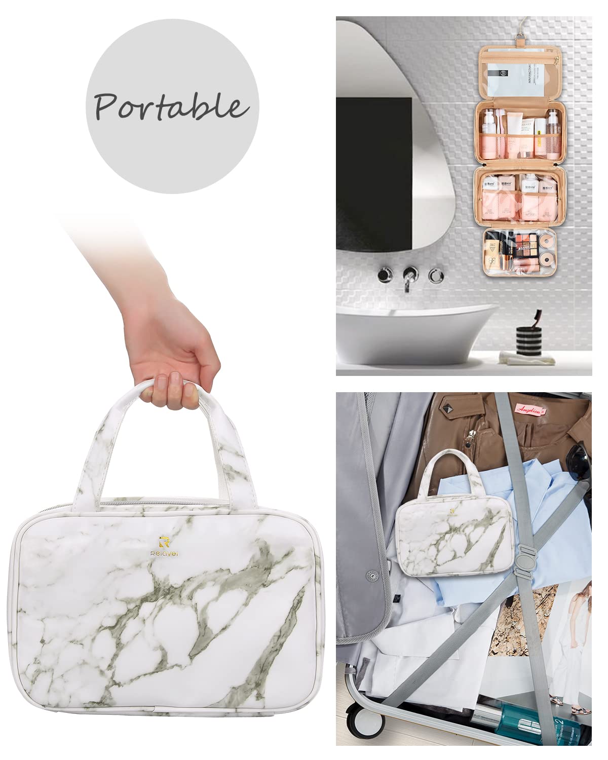 Large Hanging Travel Toiletry Bag for Women, Marble Touletry Bag for Traveling, Water-resistant Makeup Cosmetic Bag Travel Organizer for Accessories, Shampoo, Full Sized Container, Toiletries